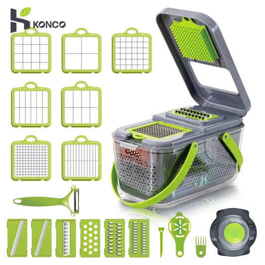 Make food preparation a breeze with this multifunctional Vegetable Cutter 22 in 1 Fruit Vegetable Slicer Shredder Grater with Food Storage Container Kitchen Gadgets.