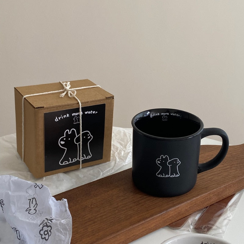 Cute Dog Pattern Coffee Cup Black and White Couple Milk Mug Simple Style Frosted Ceramic Coffee Cup Set