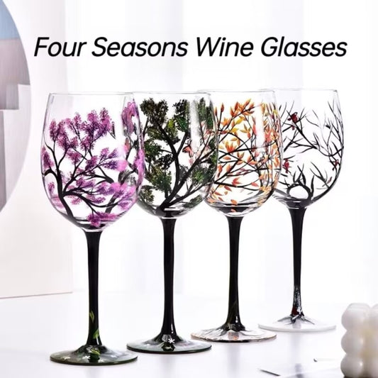 Four Seasons Trees Wine Glasses Goblet Creative Printed Round Glass Cup For Wine Beer Cocktail Large Capacity Glass Cup Gift